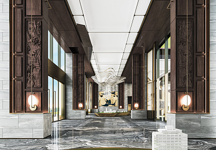 New Chinese Style Sales Office Sales Department Hall Reception Hall Lobby Front Desk Sand Plate Area Sales Department Chandelier Negotiation Area 3d model