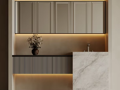 Modern Bathroom Vanity With Marble Countertop Mirrored Cabinet LED Lighting And Decorative Vase 3d model