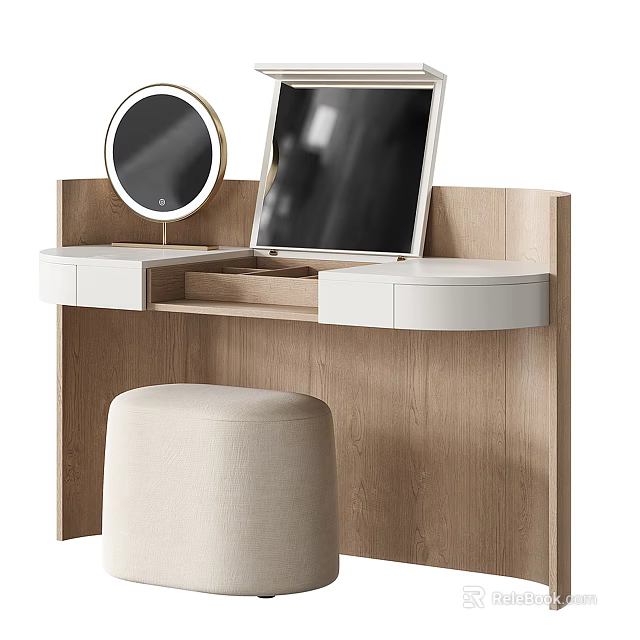 Modern Wooden Dressing Table Interior With Round Mirror Open Drawer And Beige Stool 3d model 