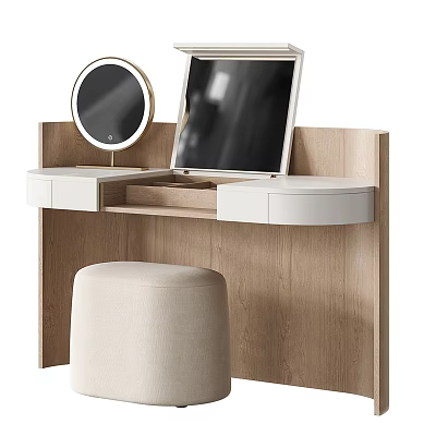 Modern Wooden Dressing Table Interior With Round Mirror Open Drawer And Beige Stool 3d model
