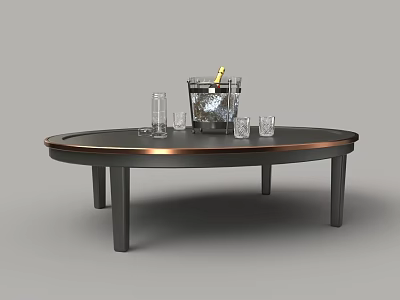 Round Black Coffee Table With Copper Trim Ice Bucket And Glass Cups On Top 3d model