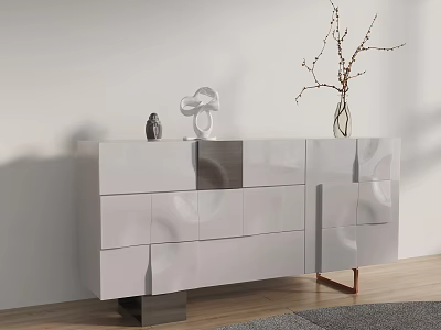 Modern White Sideboard with Glossy Finish Multiple Drawers and Decorative Vase Sculpture 3d model