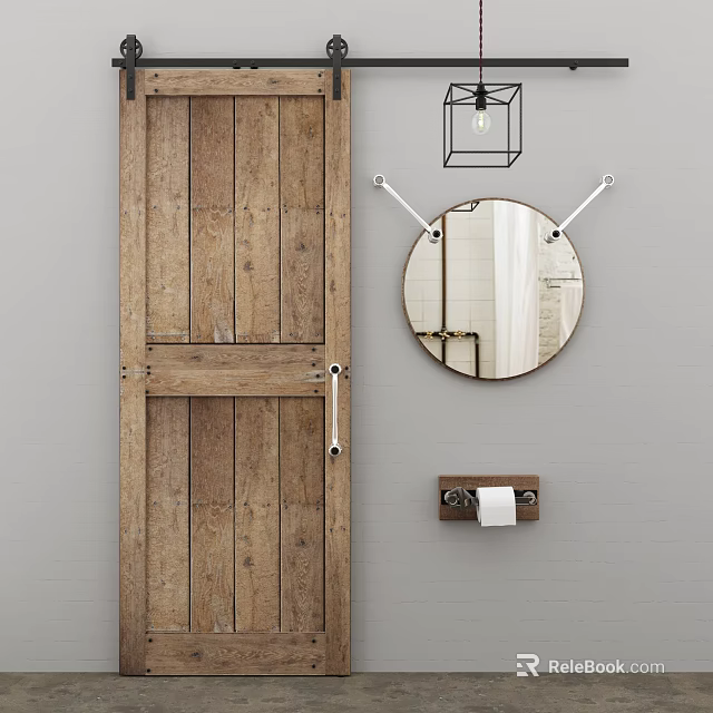 Wooden Barn Door Interior With Round Mirror And Towel Holder 3d model 