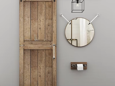 Wooden Barn Door Interior With Round Mirror And Towel Holder 3d model