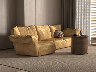 Plush Golden Multi Seater Sofa In Modern Living Room With Side Table And Window Curtains 3d model