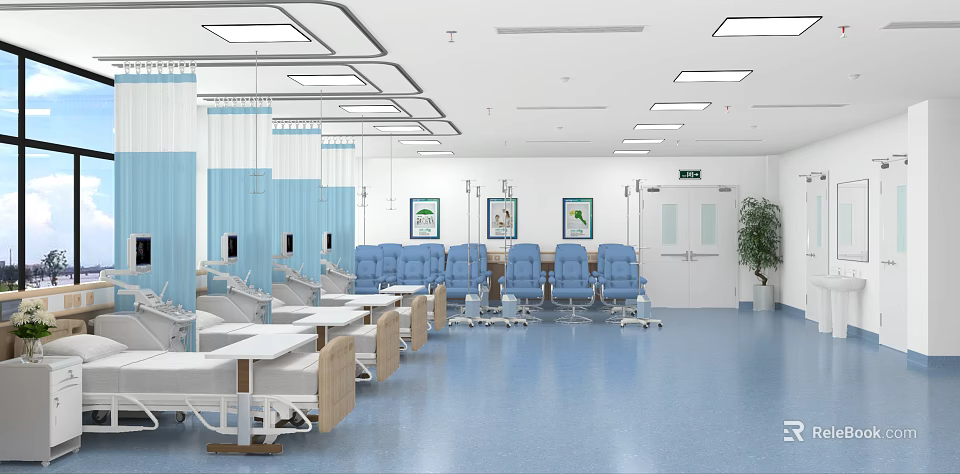 Medical Infusion Room With Blue Chairs IV Stands Blue Curtains White Walls And Blue Floor 3d model 
