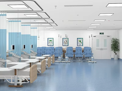 Medical Infusion Room With Blue Chairs IV Stands Blue Curtains White Walls And Blue Floor 3d model