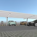 Various Colored Cars in Parking Lot under White Canopies with Blue Sky and White Clouds