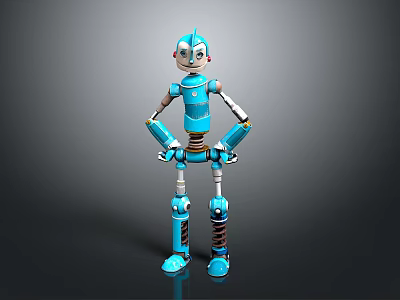 Game Movie Character Blue Anthropomorphic Robot With Spring Joints 3D Modeled Stylized Standing Design 3d model