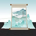 Traditional Chinese Scroll Landscape Painting Featuring Blue Mountains Water And Cloud Patterns
