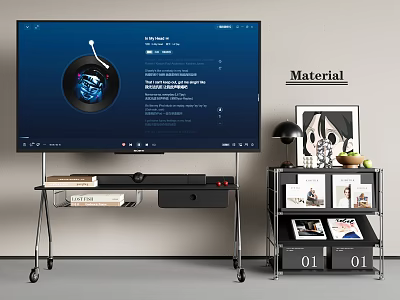 Modern Large Screen TV on Mobile TV Stand with Side Shelf and Wall Decor 3d model