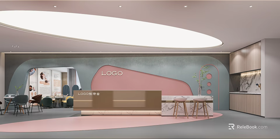 Modern SPA Sauna Reception Area With Lockers Marble Counter And Bar Stools 3d model