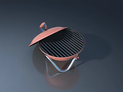 Round Copper Grill Featuring Swing Door Design With Silver Stand And Grill Grate 3d model
