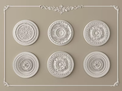Six Intricate Carved Decorative Plates Arranged On Beige Background With Ornate Borders 3d model