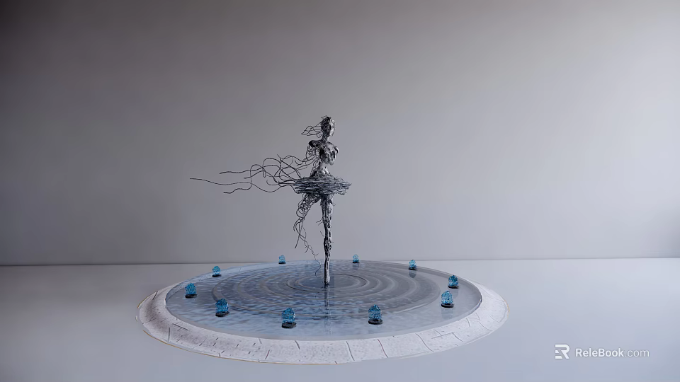 Landscape Sculpture Figurative Structure With Flowing Wire Lines And Circular Blue Base 3d model