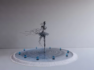 Landscape Sculpture Figurative Structure With Flowing Wire Lines And Circular Blue Base 3d model