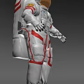 Man In White Spacesuit With Red Stripes Gold Helmet Visor Backpack And Badges