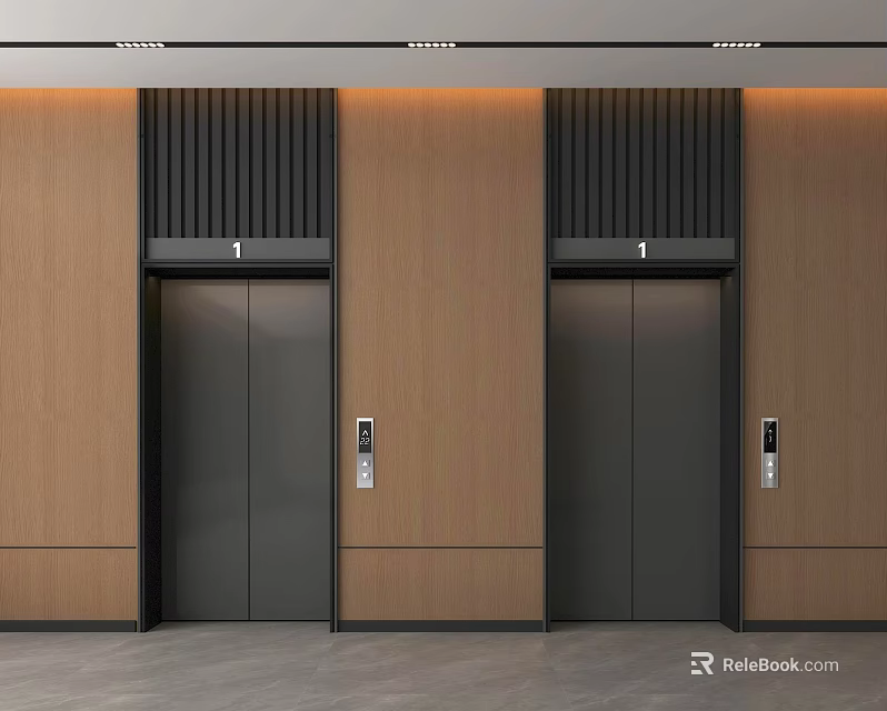 Modern Elevator Lobby Design With Wood Panel Walls Black Elevator Doors And Recessed Ceiling Lights 3d model 