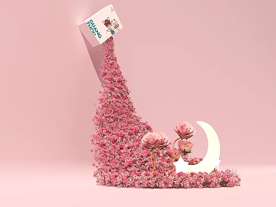 Pink Flower Arrangement with Moon Shape Decoration and Happy Card on Pink Background 3d model