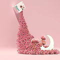 Pink Flower Arrangement with Moon Shape Decoration and Happy Card on Pink Background