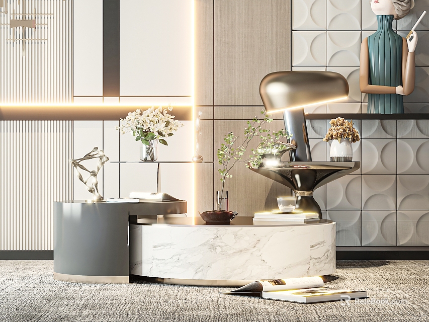 Modern Living Room Interior With Marble Coffee Table And Decorative Vases Books 3d model 