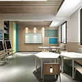School Open Modern Classroom Interior With Wooden Structures Desks Chairs Whiteboard And Storage Cabinets