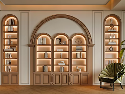 Warm Toned Study Room Interior Featuring Arched Bookshelves Books Decorations And Green Chair 3d model