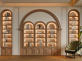 French Style Casual Study Full Wall Bookcase Display Cabinet Casual Room Study TV Wall French Curved Bookcase 3d model