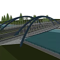 Modern Arch Bridge With Blue Steel Structure Over River Green Grass And Trees