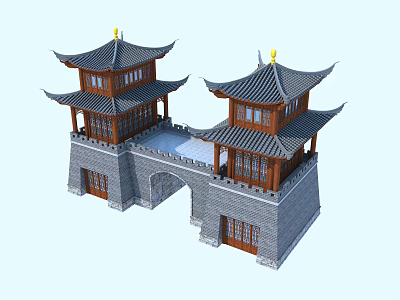 Traditional Chinese Ancient Tower With Stone Brick Base Wooden Structure Black Tile Roof Arched Gateway 3d model