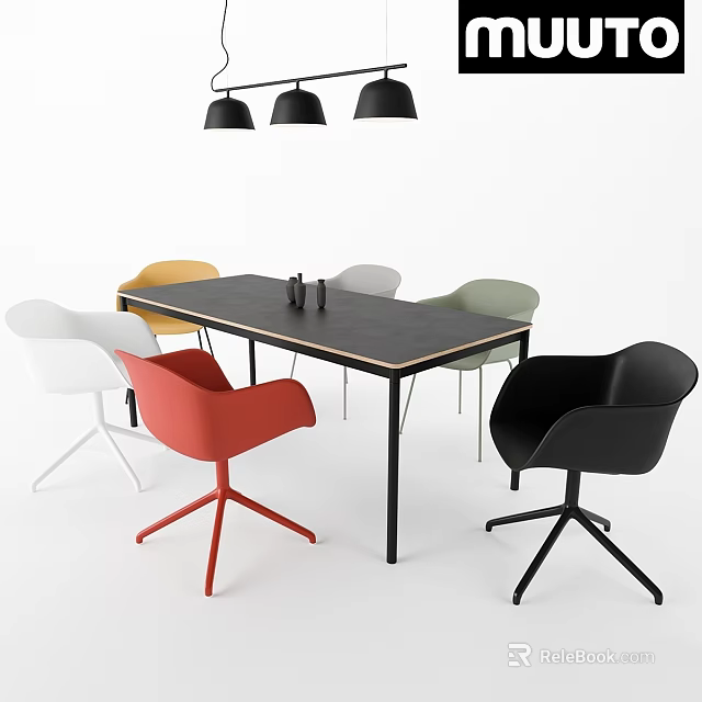 Modern Dining Table And Chair Set With Multi Colored Seats Black Tabletop And Pendant Lights 3d model 