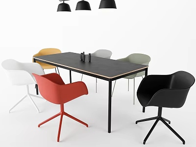 Modern Dining Table And Chair Set With Multi Colored Seats Black Tabletop And Pendant Lights 3d model