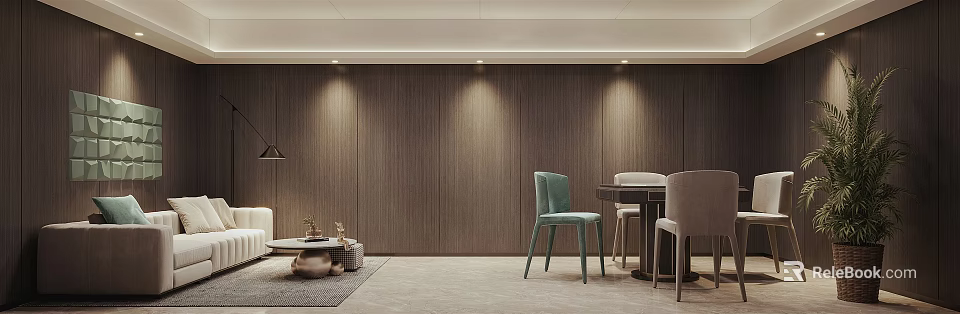 Modern Hotel Mahjong Room Interior With Wooden Walls Light Green Chairs And Round Table 3d model 