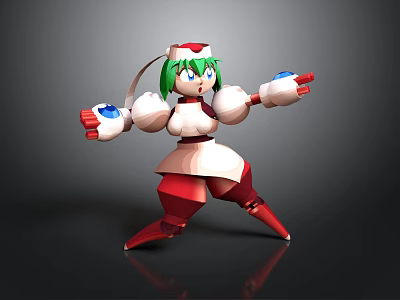 Robot Girl Character With Green Hair Red Hat Blue Eyes And White Red Mechanical Body 3d model