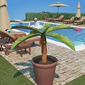 Scenic Backyard Pool Area With Green Hedge Umbrellas Loungers Palm Trees And Swan Decoration
