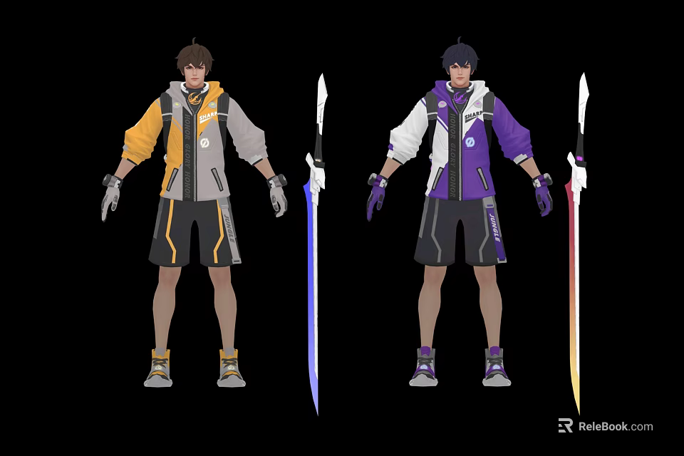 Two Characters In Yellow Gray And Purple White Outfits With Blue And Colorful Swords 3d model 