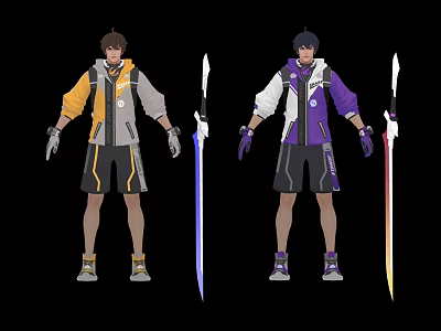 Two Characters In Yellow Gray And Purple White Outfits With Blue And Colorful Swords 3d model