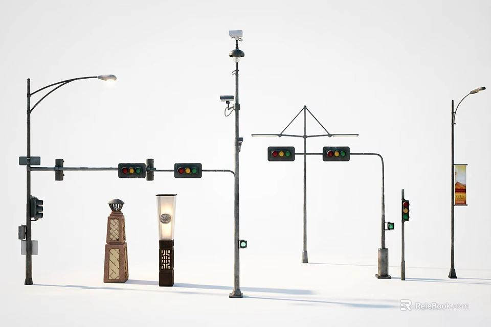 Multiple Outdoor Lights Including Street Lamps And Pillar Lamps In Urban Setting 3d model 