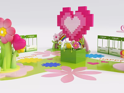 Cheerful Mall Shop Featuring Pink Heart Decoration Green Display Stands Colorful Flowers And Rainbow 3d model