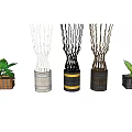 Bonsai Potted Plants In Decorative Planters With Twig Branches And Green Foliage