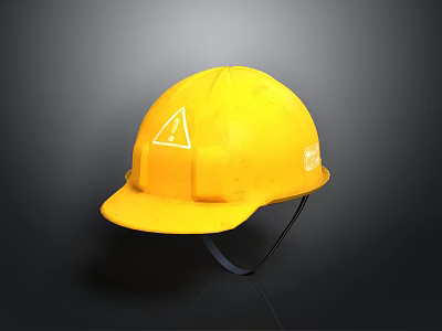 High Quality Yellow Safety Helmet With White Triangular Warning Symbol On Dark Background 3d model