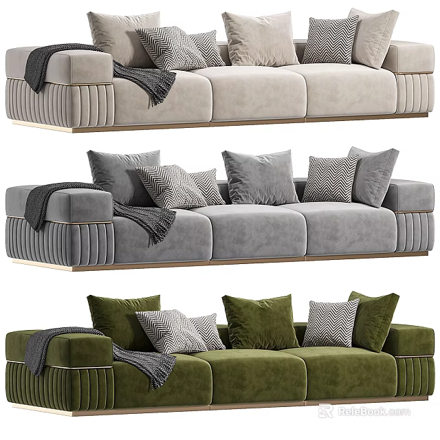 Modern Three Seater Sofa With Beige Gray Green Upholstery Pillows And Throw Blanket 3d model 