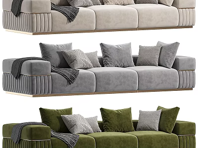 Modern Three Seater Sofa With Beige Gray Green Upholstery Pillows And Throw Blanket 3d model