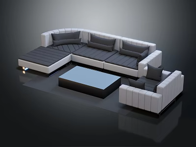 Modern Sectional Sofa And Rectangular Black Coffee Table Set With White Dark Gray Cushions 3d model