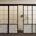 Modern Sliding Doors With Black Frame Grid Glass And Marble Pattern Panels 3d model