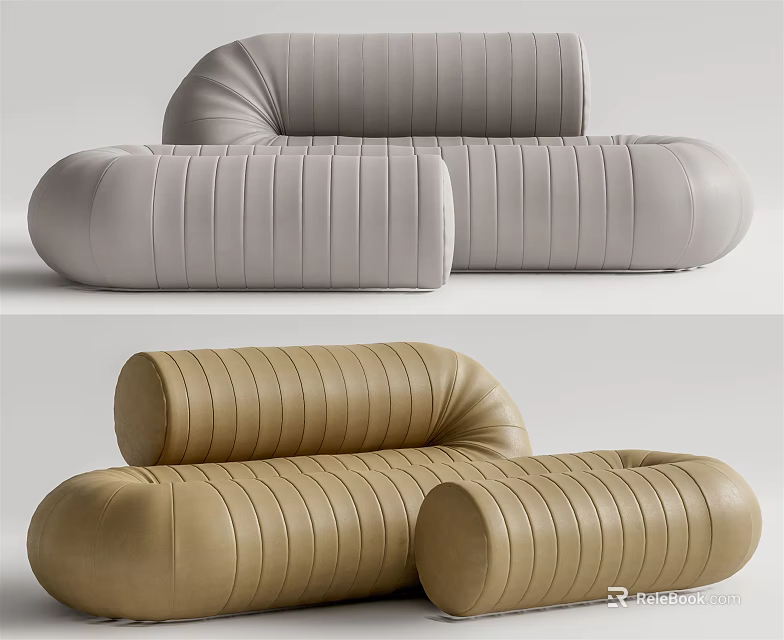 Irregular Shaped Sofa Design With Light Gray And Beige Leather Striped Curves 3d model 