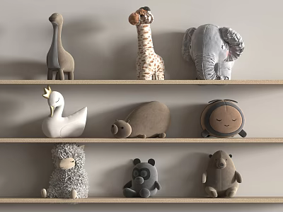 Neutral Toned Plush Stuffed Toys Including Dinosaur Giraffe Elephant Swan Panda Bear On Wooden Shelves 3d model
