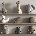 Neutral Toned Plush Stuffed Toys Including Dinosaur Giraffe Elephant Swan Panda Bear On Wooden Shelves