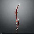 Red And White Curved Blade Weapon With Intricate Patterns And Decorative Design
