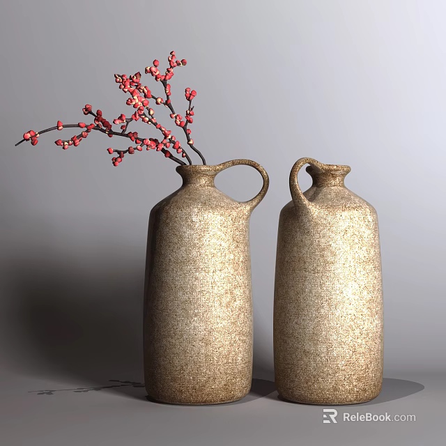 Two Brown Textured Ceramic Vases With Handles And Red Flower Branches 3d model